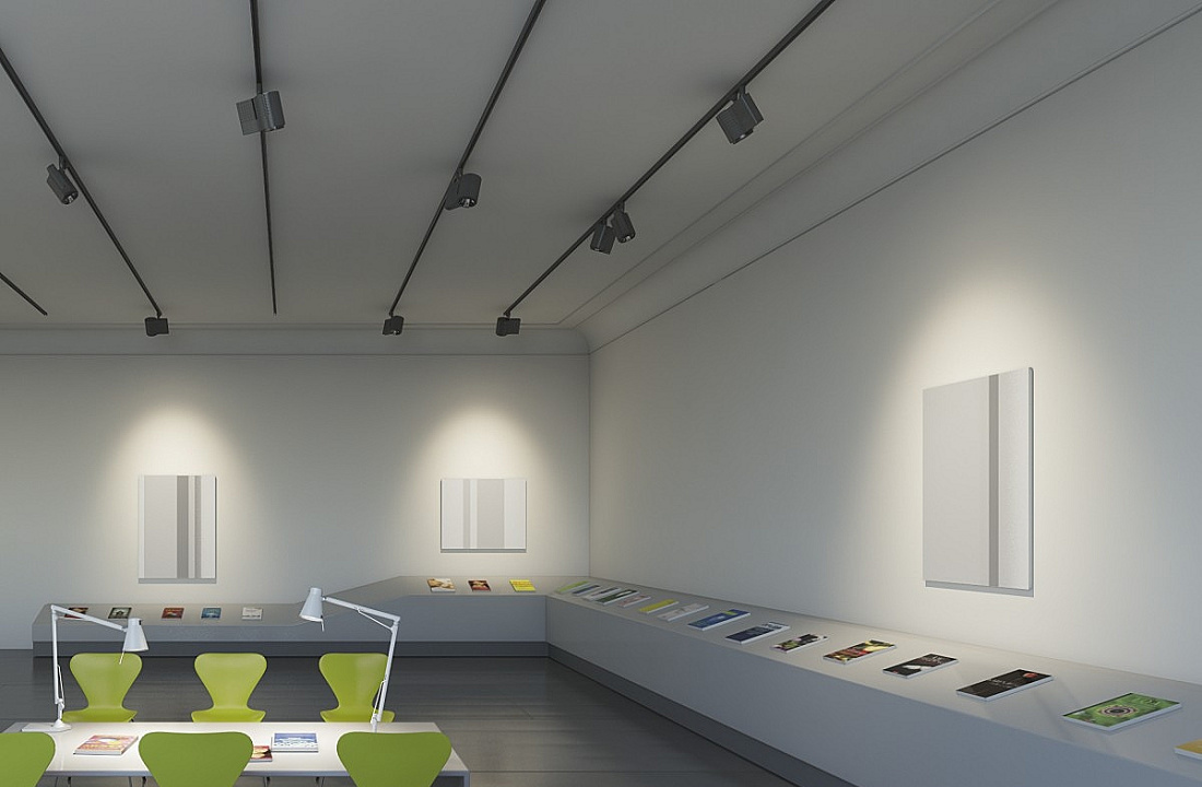ERCO lighting design showcasing accent lighting in a neutral exhibition space.