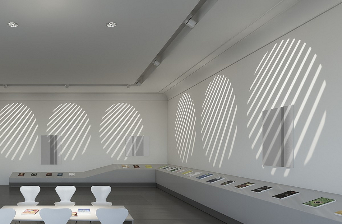 ERCO lighting design: Exhibition space featuring linear light patterns on walls, created by precise light shaping.