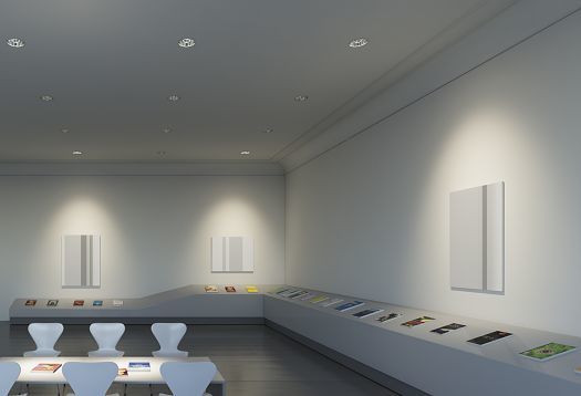 ERCO lighting design: Neutral room lighting with recessed ceiling luminaires creating a quiet atmosphere in a showroom.