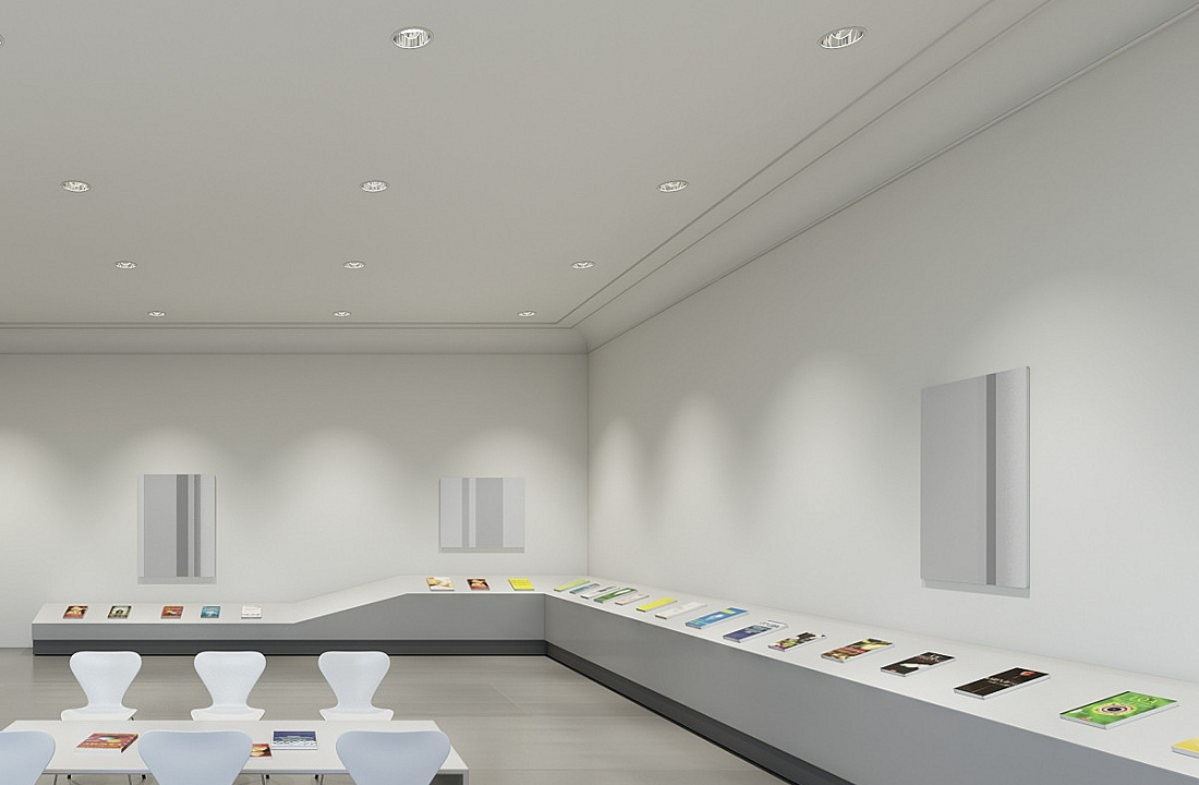 ERCO recessed ceiling luminaires in a bright showroom for neutral lighting.