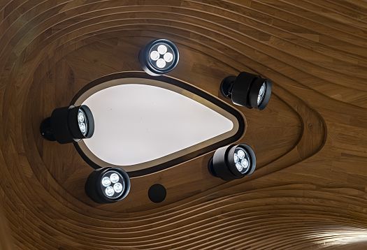 ERCO Gimbal spotlights illuminate the curved wooden ceiling in the National Museum of Qatar.