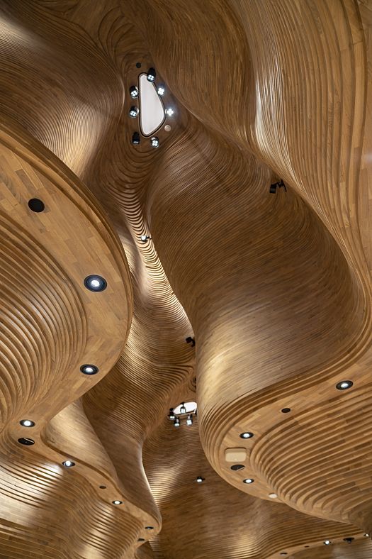 Undulating wooden ceilings in the National Museum of Qatar, lit by ERCO Gimbal spotlights.