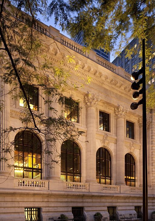 New York Public Library illuminated with ERCO LED spotlights at night.