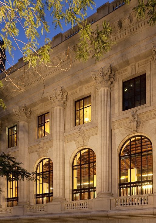 New York Public Library facade illuminated by ERCO spotlights, architectural detail.