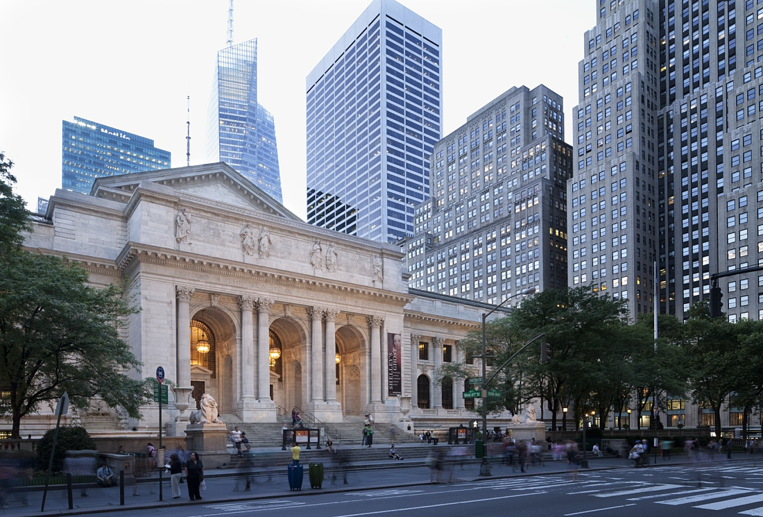 New York Public Library illuminated with ERCO lighting in cityscape.
