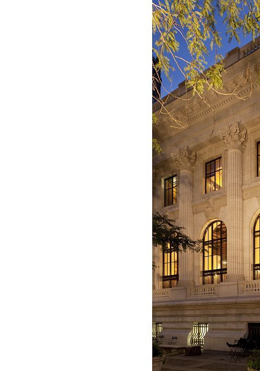 New York Public Library facade illuminated by ERCO spotlights, architectural detail.