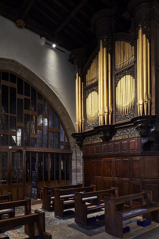 Interior of Newcastle Cathedral featuring the organ and ERCO LED lighting.