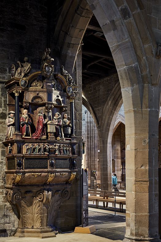 Ornate monument in Newcastle Cathedral illuminated by ERCO LED lighting.