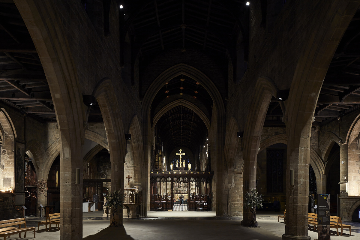 Interior of Newcastle Cathedral featuring ERCO LED lighting, highlighting spiritual architecture.
