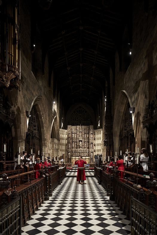 Newcastle Cathedral choir illuminated by ERCO LED lighting, enhancing sacred architecture.