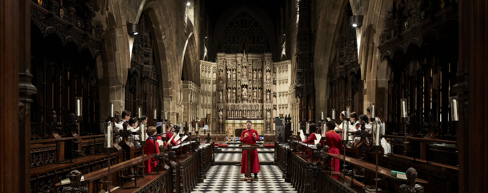 Newcastle Cathedral choir illuminated by ERCO LED lighting, creating a sacred space.