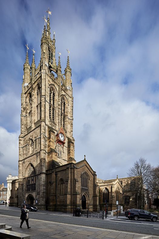 Newcastle Cathedral featuring sustainable ERCO LED lighting, illuminating the historic architecture.
