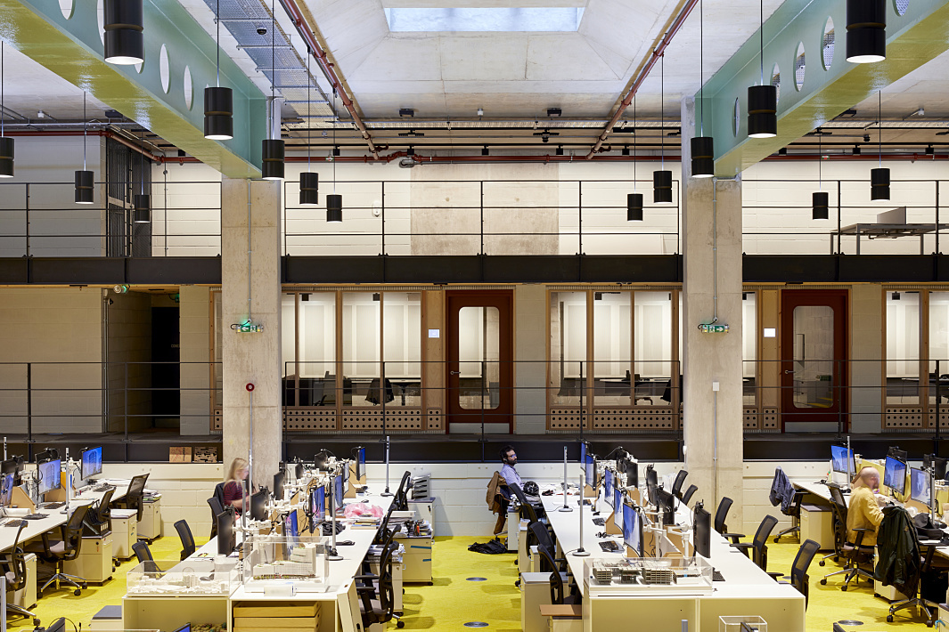 ERCO Jilly track downlights and human centric lighting in the AHMM architects office, London.