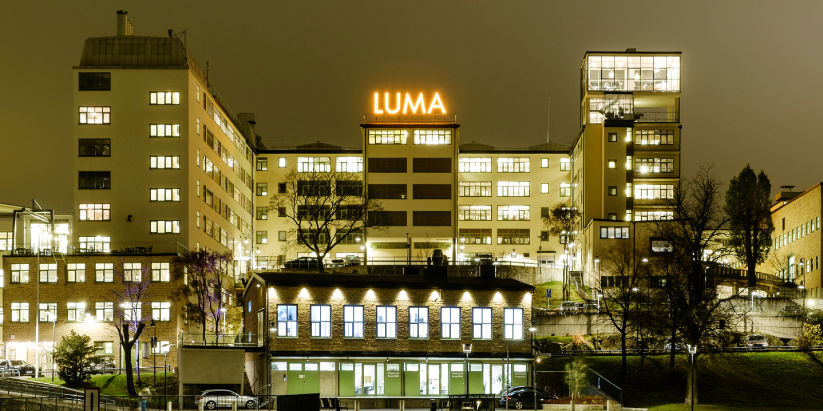 ERCO showroom in Stockholm, formerly a light bulb factory, illuminated with modern LED lighting.