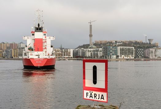 Ferry ship in Stockholm, Sweden, with a view of the cityscape.