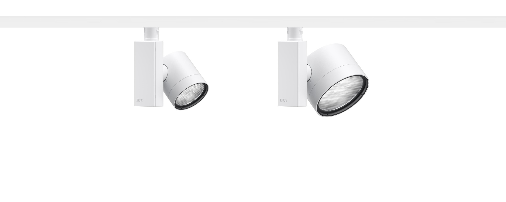 Two white ERCO Optec New 48V spotlights for track, designed for versatile indoor lighting.