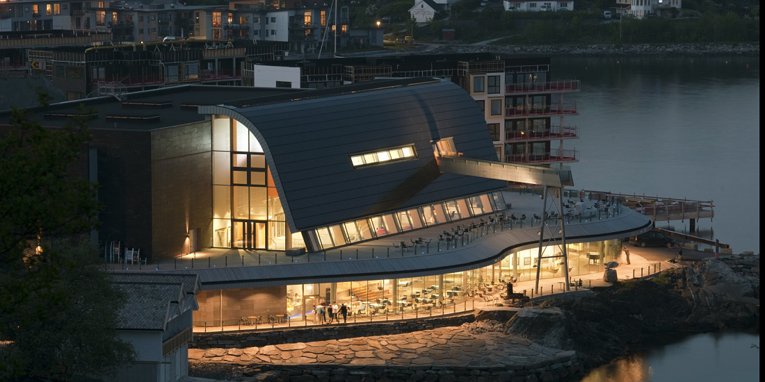 Oseana cultural center in Norway, illuminated with ERCO LED lighting.
