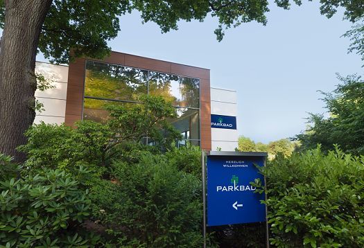 Parkbad Volksdorf Water Park entrance, Hamburg, with signage and ERCO lighting.