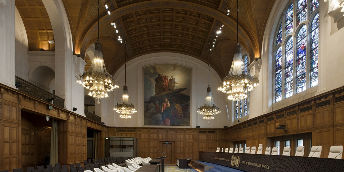 The Peace Palace's grand courtroom in The Hague, featuring new LED lighting.