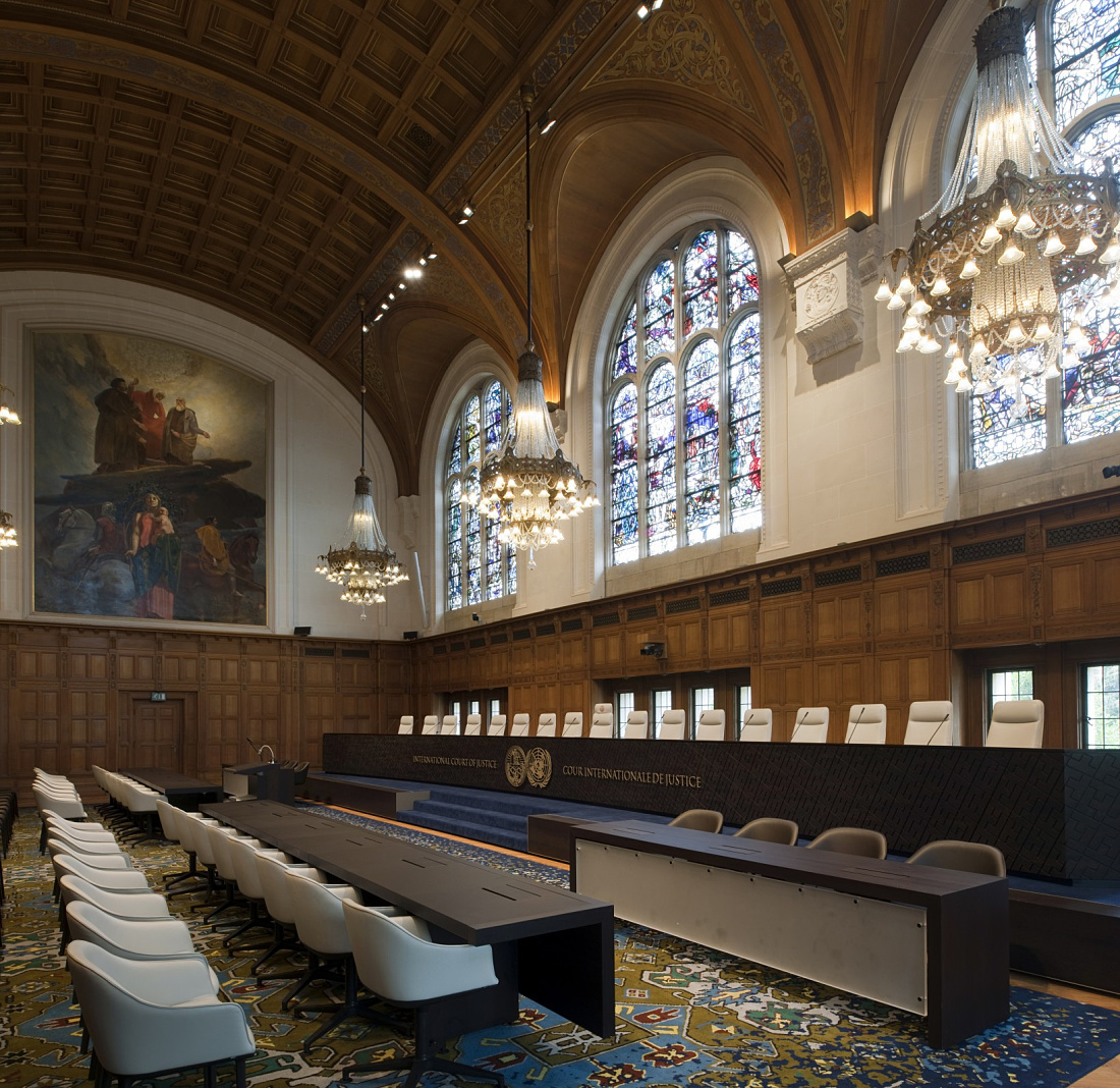 Peace Palaces International Court of Justice in The Hague, featuring LED lighting and historic architecture.