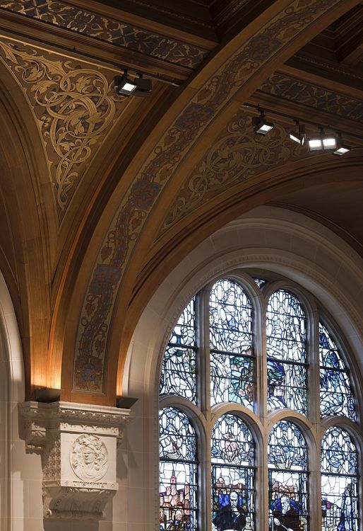 LED lighting in the Peace Palace, The Hague, featuring historic architecture and ERCO Light Board spotlights.