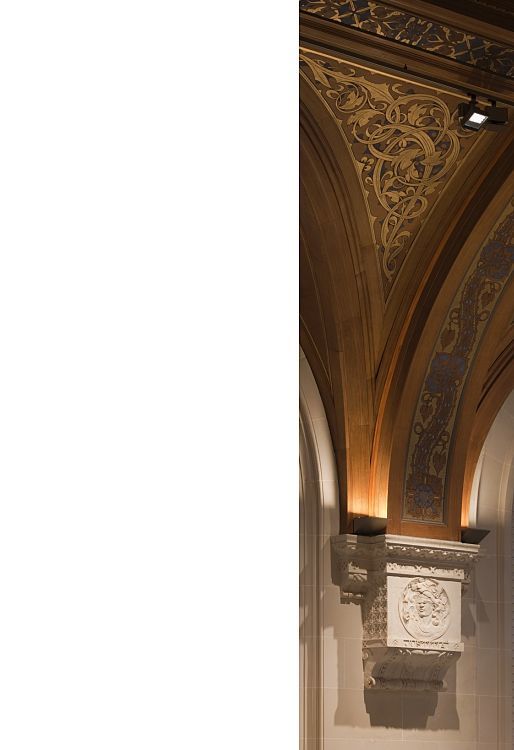 LED lighting in the Peace Palace, The Hague, featuring historic architecture and ERCO Light Board spotlights.