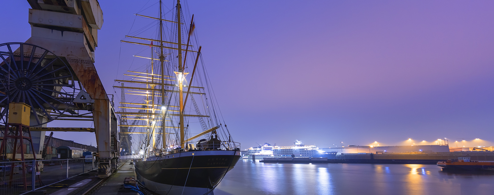 The 'Peking' sailing ship, illuminated in Hamburg harbor, restored with ERCO lighting.