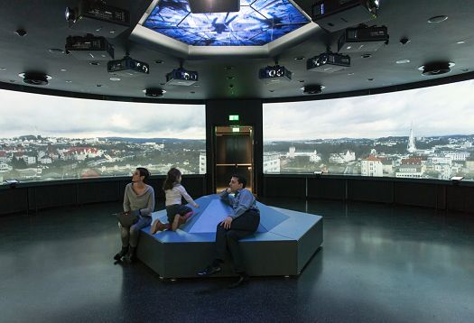 Interior of Phänomenta Science Center featuring ERCO lighting and panoramic view of Lüdenscheid.