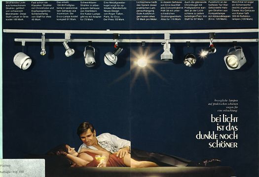 ERCO lighting ad in Playboy, promoting adjustable track lighting for intimate settings.