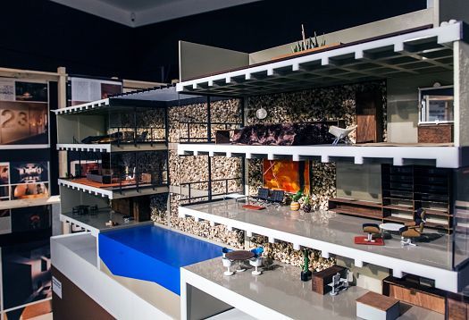 Architectural model at the Playboy Architecture exhibit, illuminated with ERCO lighting.