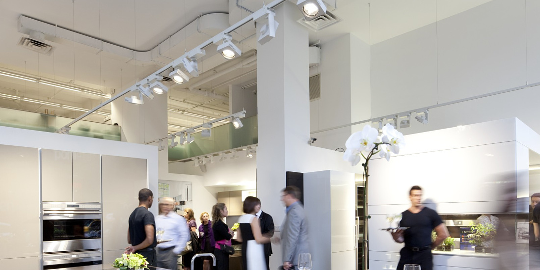 Cantax LED spotlights on ERCO track illuminate the Poggenpohl showroom, NYC.