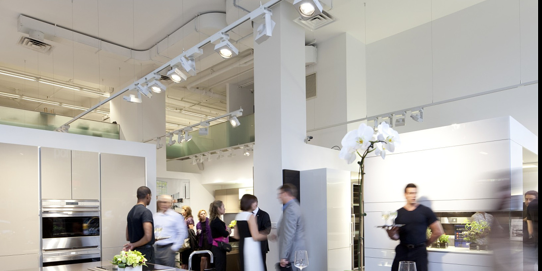 Cantax LED spotlights on ERCO track illuminate the Poggenpohl showroom, NYC.