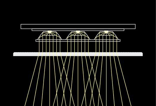 Optical projection diagram showing light being directed through lenses onto a surface.