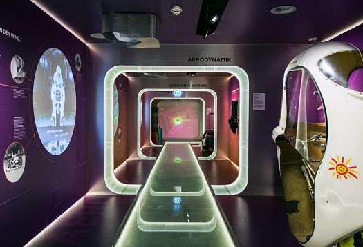 PS.Speicher Museum, Einbeck: Exhibition of motorized mobility illuminated by ERCO Cantax LED spotlights.