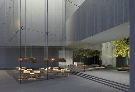 ERCO pendant luminaires in a glass-enclosed cafe area, enabling private communication in a public space.