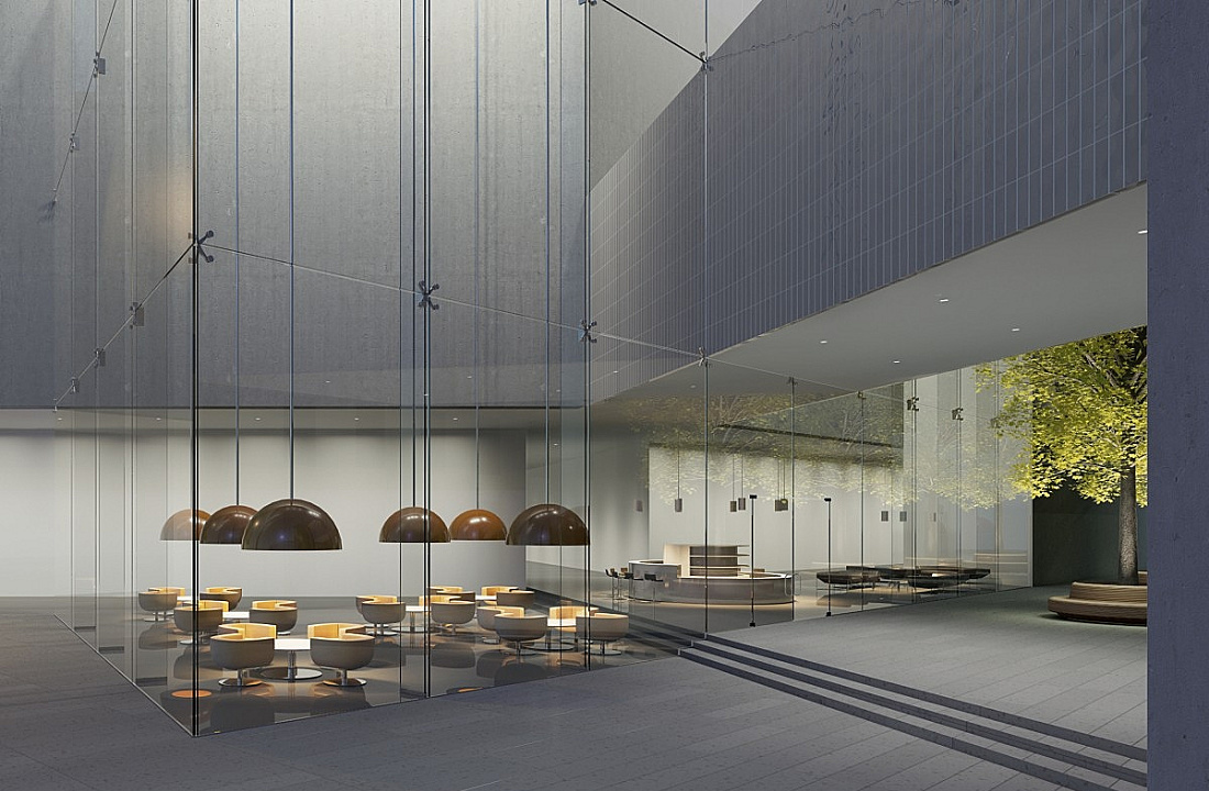 ERCO pendant luminaires in a cafe area, creating private communication zones with warm-toned accent lighting.