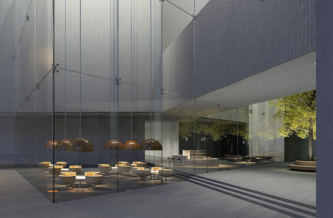 ERCO lighting design: Café area with pendant luminaires fostering private communication in a public space.