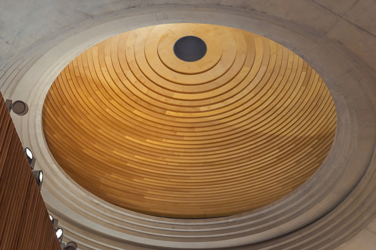 Interior view of the Punchbowl Mosque dome, illuminated by ERCO lighting.