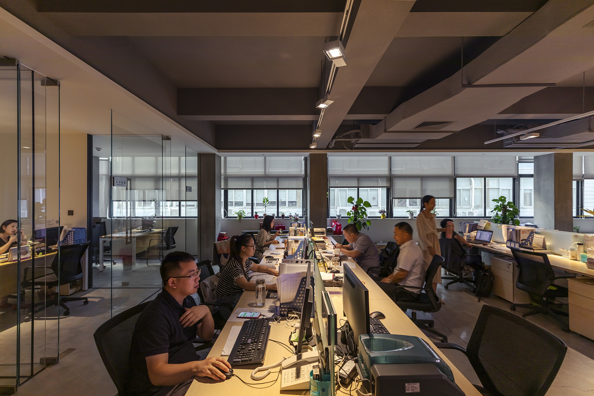 ERCO Optec spotlights illuminate the QiGuang Technology office with flexible office lighting and vertical plants.
