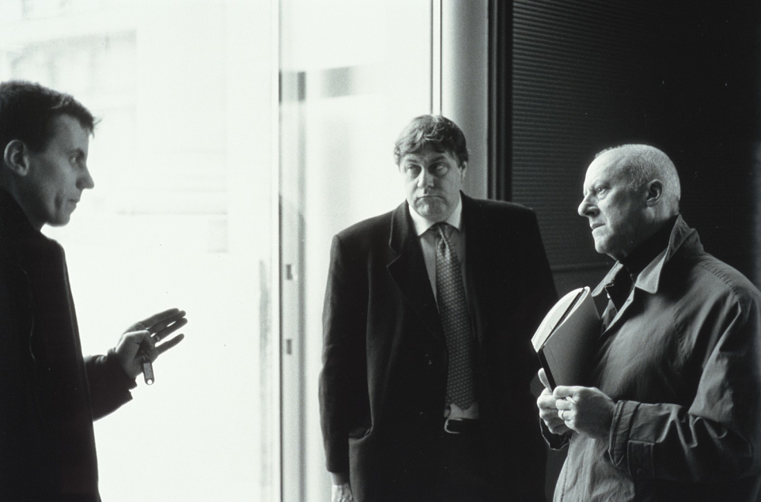 Architect Norman Foster in discussion at the Reichstag Building, Berlin.