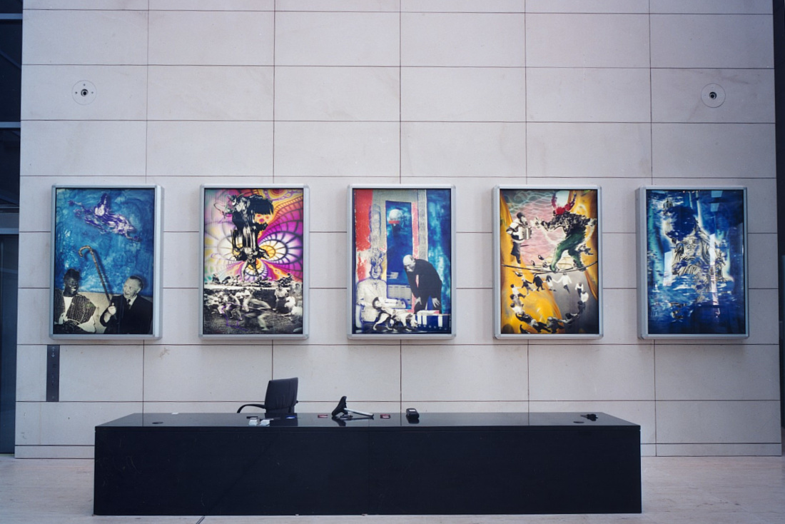 Contemporary art in the Reichstag Building, illuminated to highlight modern themes.