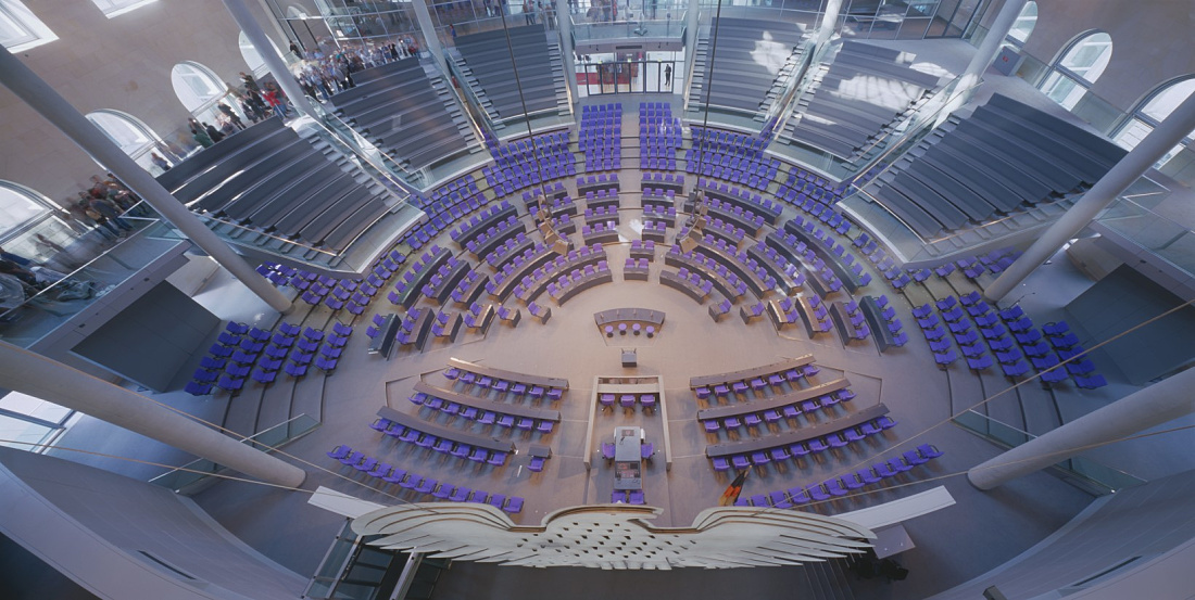 Aerial view of the Reichstags Plenary Chamber featuring ERCO lighting, Berlin.