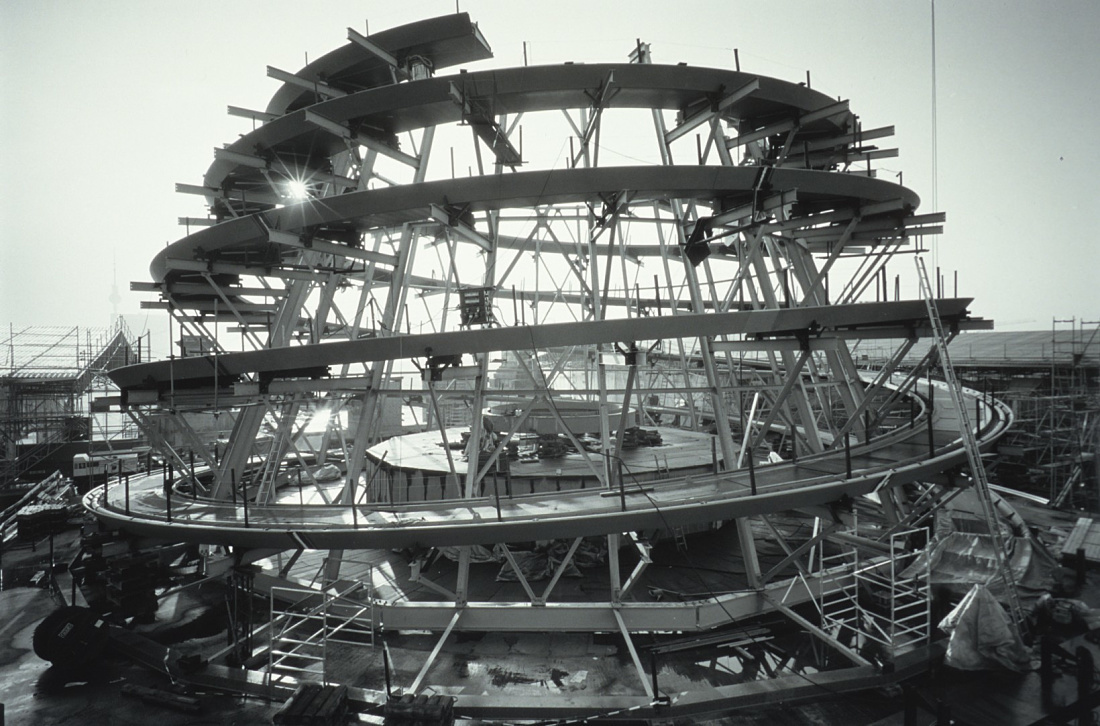 Reichstag Building dome under construction, Berlin. Steel framework with spiral design.
