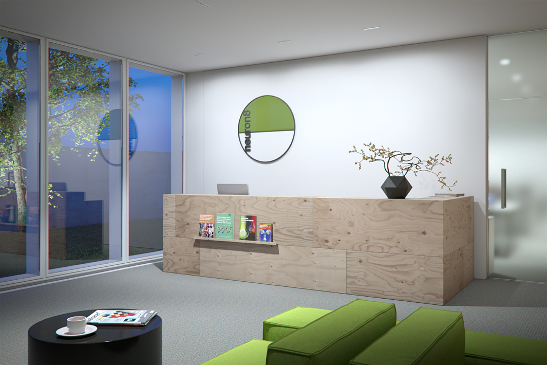 Office reception area featuring ERCO accent lighting for an inviting atmosphere.
