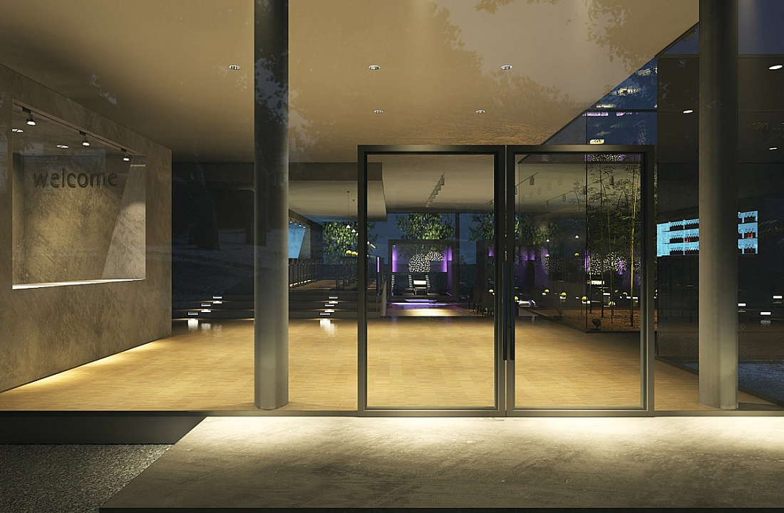 Restaurant entrance featuring ERCO lighting, creating an inviting atmosphere and guiding visitors.