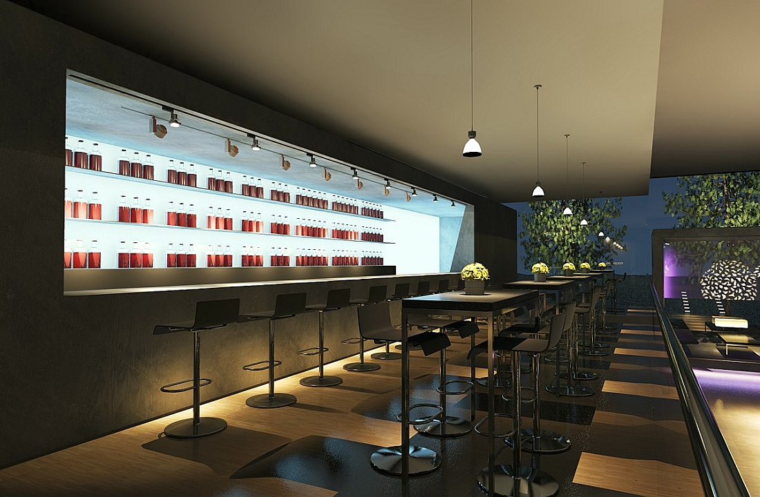 Restaurant bar featuring ERCO lighting, creating an inviting atmosphere for dining and drinks.
