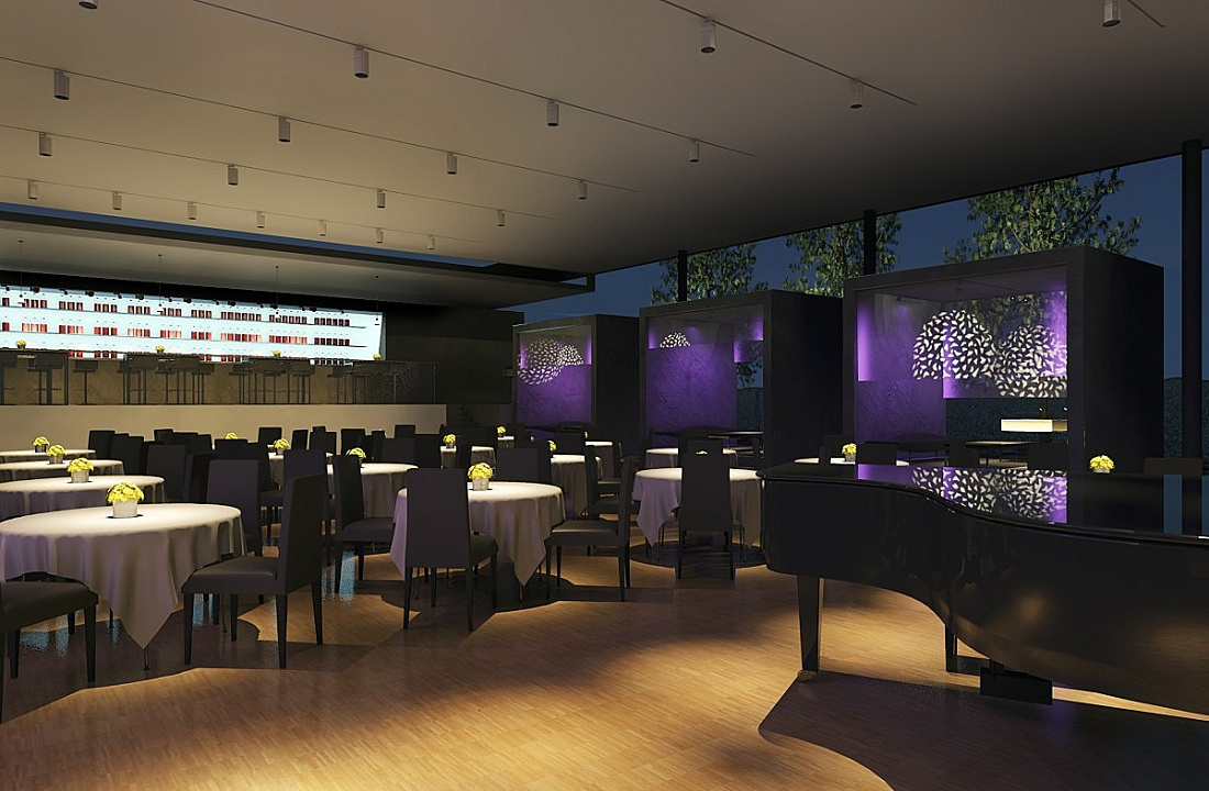 Restaurant lighting featuring ERCO downlights for ambiance and accentuation.