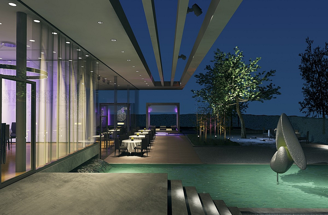 Restaurant with ERCO lighting creating a pleasant atmosphere for outdoor dining.
