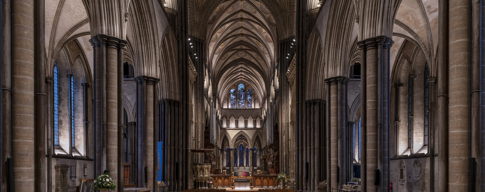 Interior of Salisbury Cathedral featuring ERCO LED lighting, highlighting architectural details.