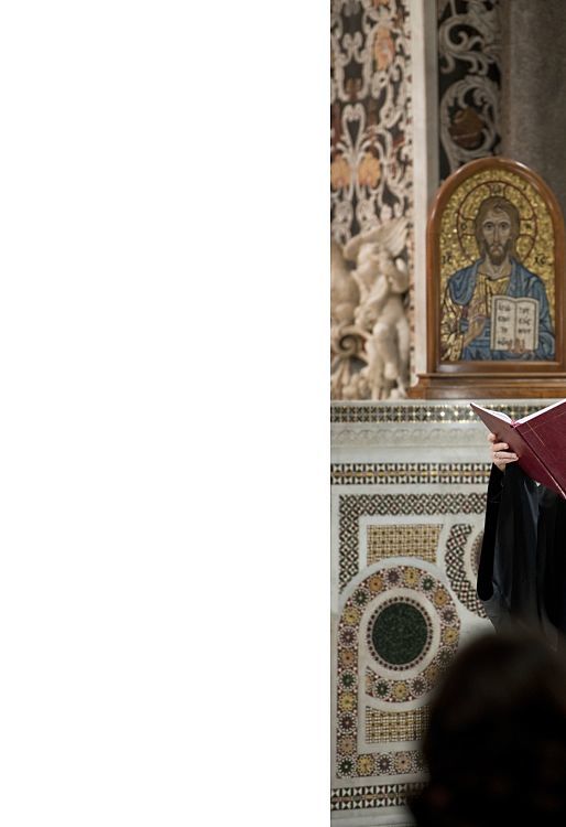 Priest reading in Santa Maria dell’Ammiraglio church, Palermo.